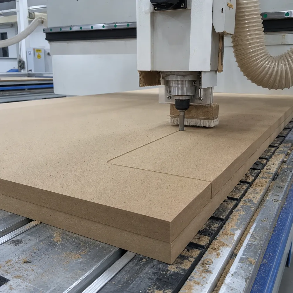 CNC router cutting MDF board showing clean edge finish and zero tearout