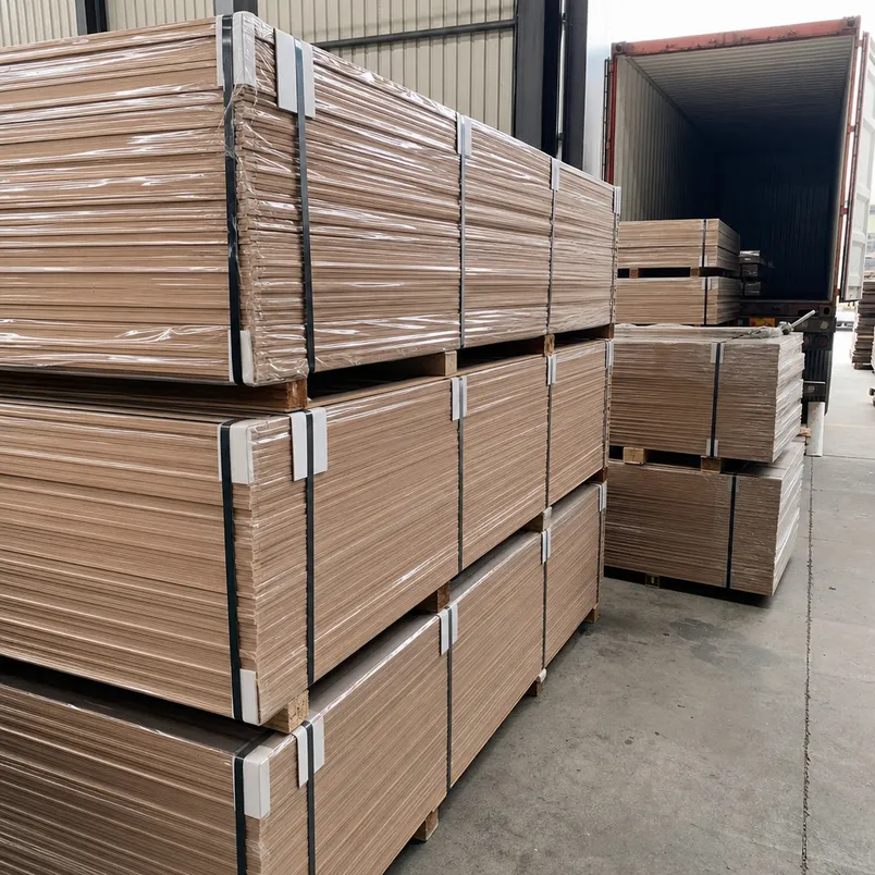 HDF MDF panels stacked and bundled for container loading
