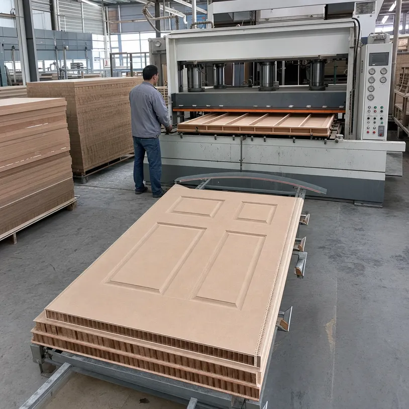 HDF door skin panels pressed onto hollow-core interior door frames in a manufacturing facility