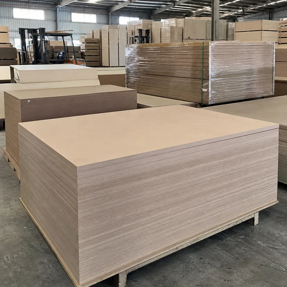 HDF MDF board panels stacked at factory — high density fiberboard 800–900 kg/m³