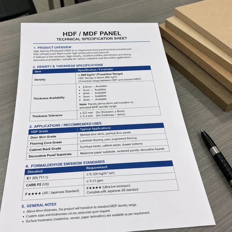 HDF MDF panel technical specification sheet showing density and thickness parameters