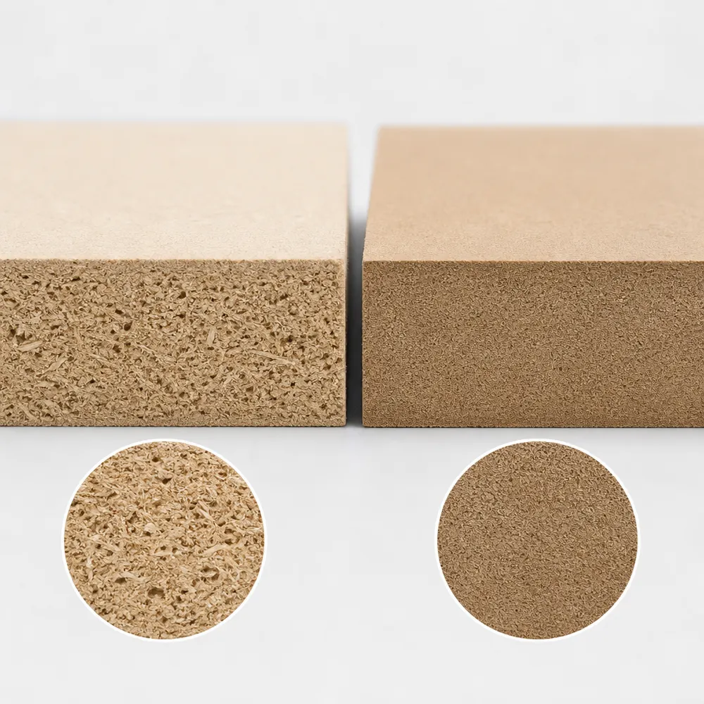 Cross-section comparison of HDF MDF versus standard MDF showing density difference