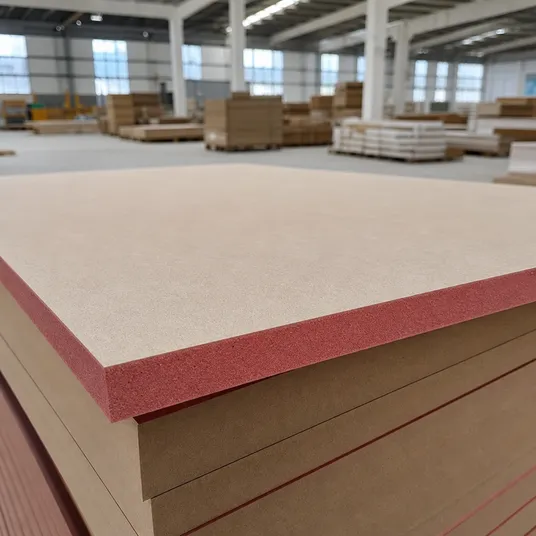 Fire retardant MDF board with red-tinted core — Class B fire rating for commercial interiors