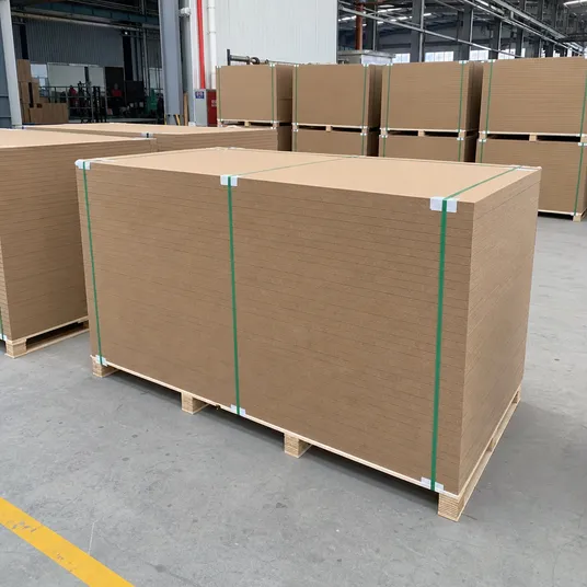 Standard MDF board panels stacked for export — 680–750 kg/m³ density