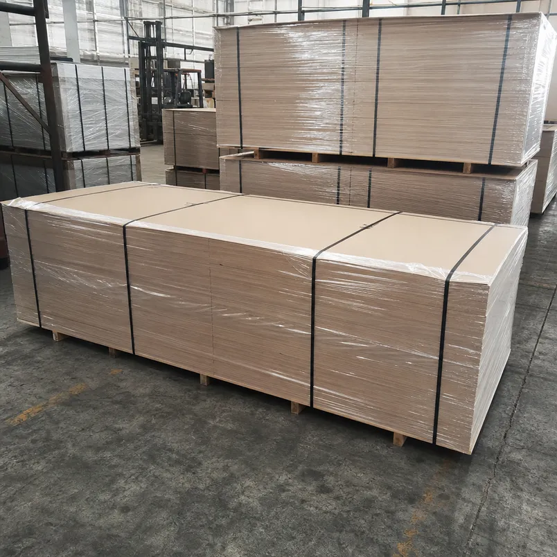 MDF panels bundled and wrapped for ocean freight export, showing steel banding and moisture-resistant film packaging