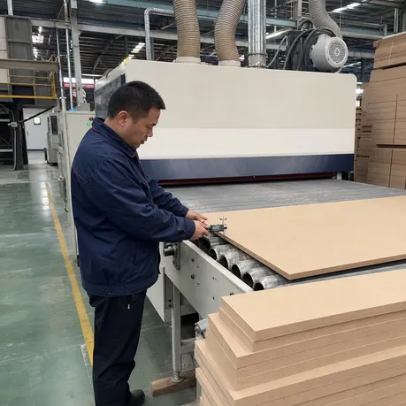 MDF thickness calibration on wide-belt sanding line — ±0.2mm tolerance control