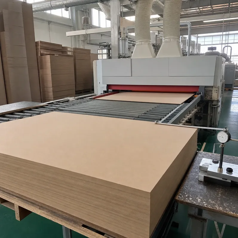 Wide-belt sanding line calibrated for ±0.2mm thickness tolerance on MDF panels