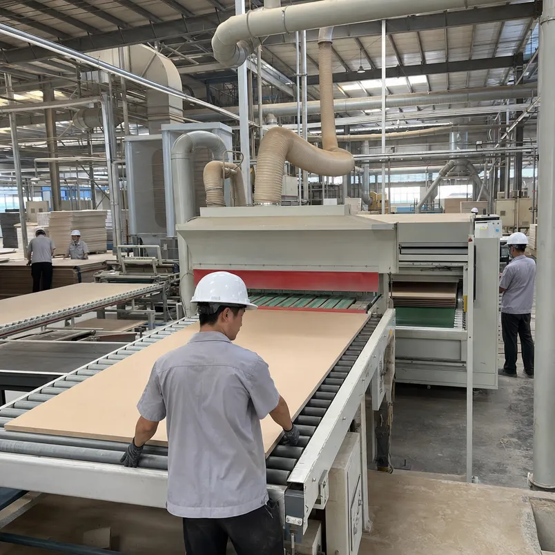 Custom MDF production line showing panel sizing and surface preparation at QDPlywood factory