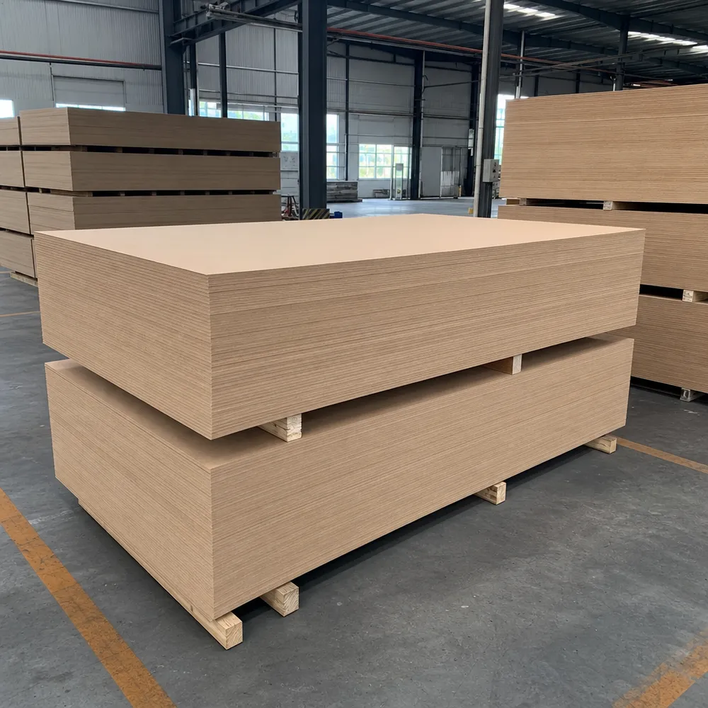 Standard MDF board panels stacked at QDPlywood.com Xuzhou manufacturing facility