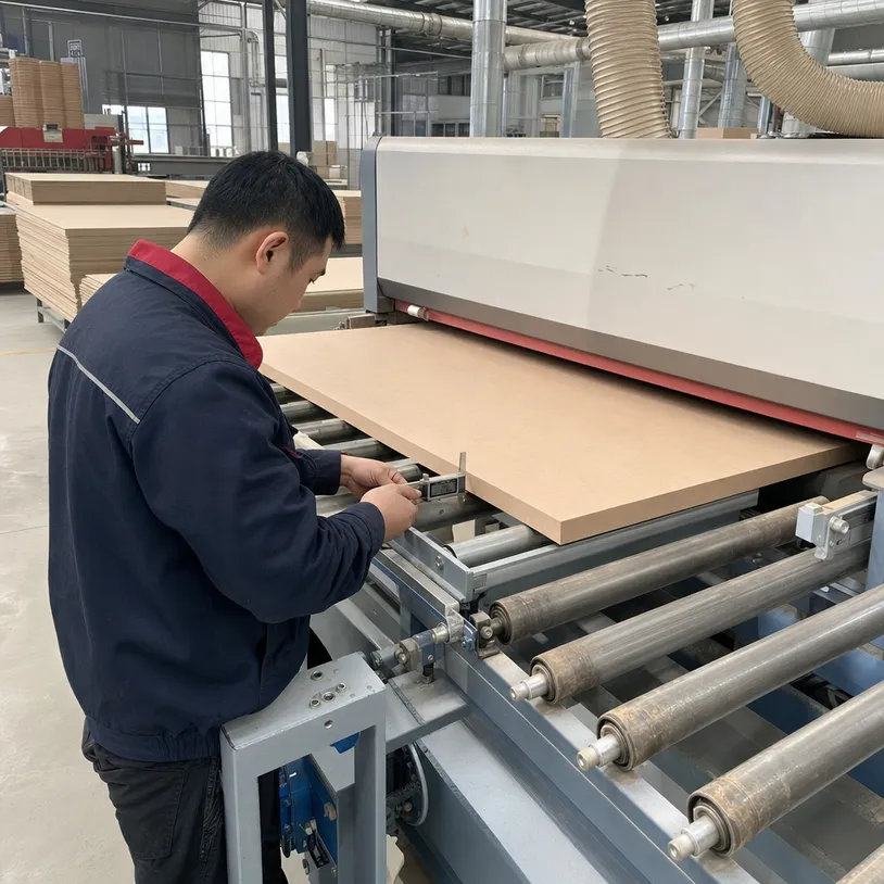 Wide-belt sanding line calibration for MDF thickness tolerance control