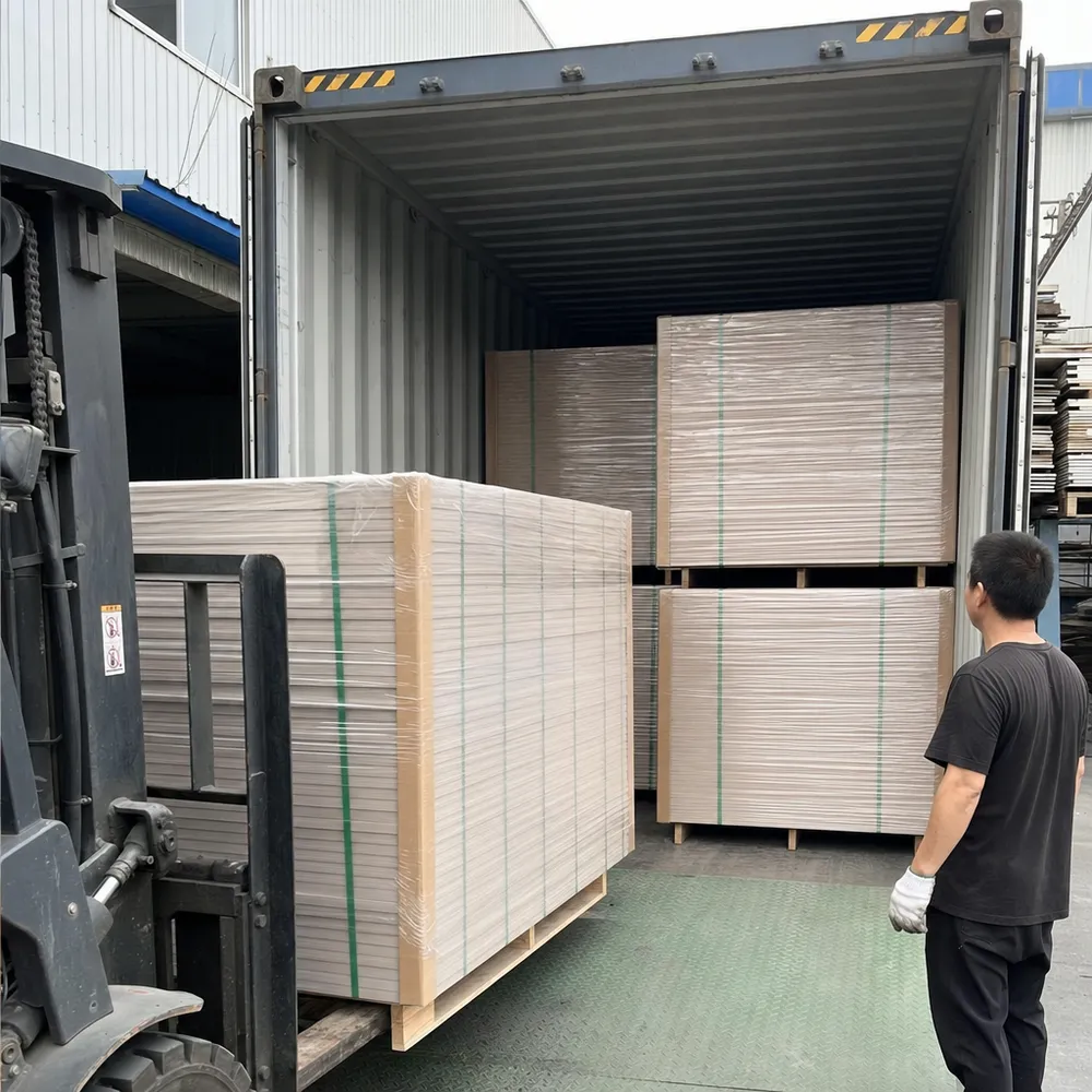 Furniture-grade MDF panels loaded in export container with moisture-resistant packaging and corner board protection