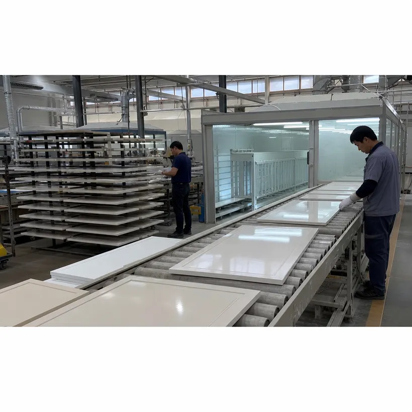 Kitchen and wardrobe door panel production with high-gloss lacquer finish on furniture-grade MDF