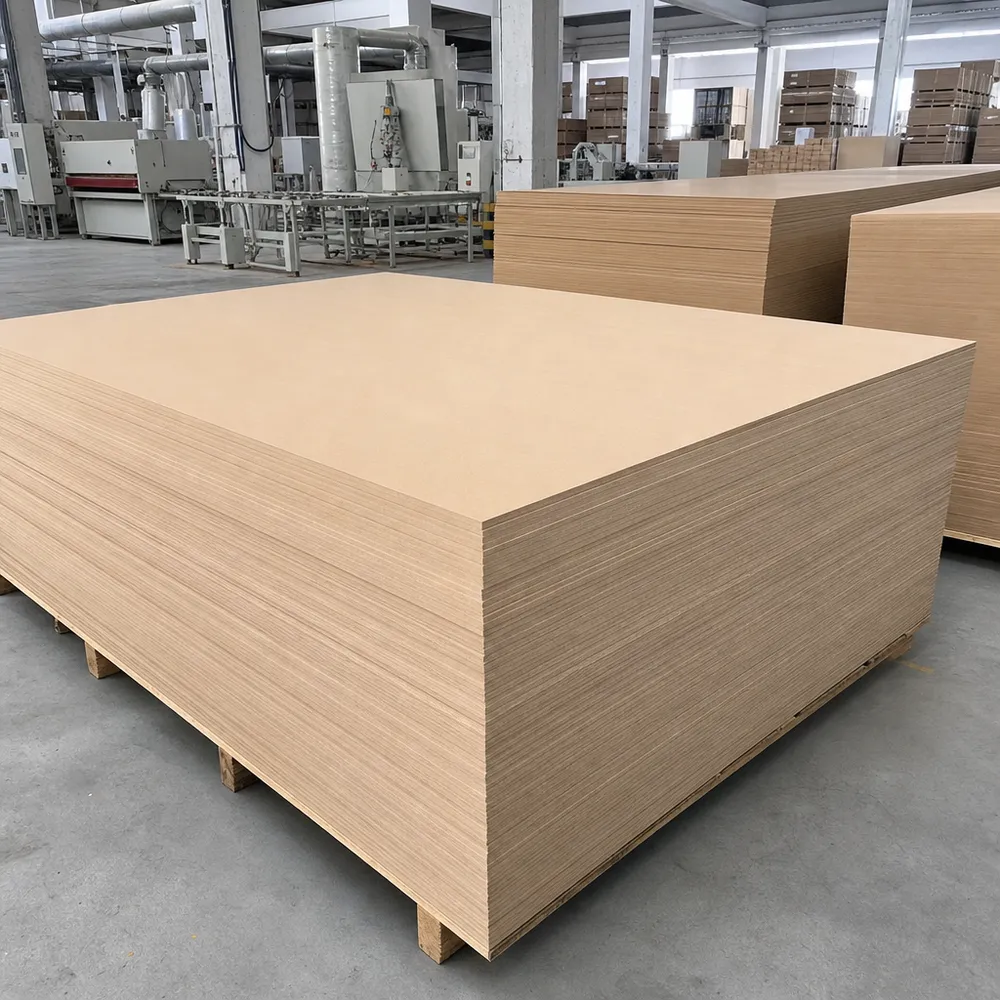 Furniture-grade MDF board panels stacked in factory — Ra ≤ 1.6μm surface finish for lamination and cabinet manufacturing