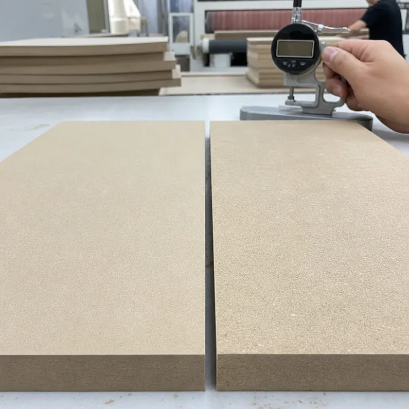 Close-up of furniture-grade MDF surface finish Ra ≤ 1.6μm versus standard MDF — showing sanding quality difference