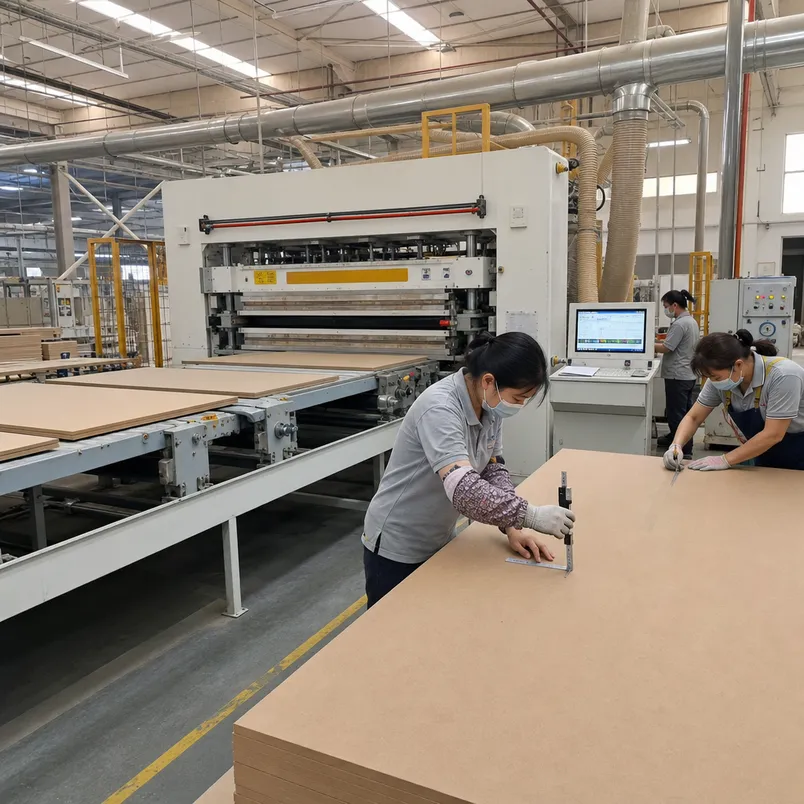 Furniture-grade MDF press line with automated parameter logging at QDPlywood factory