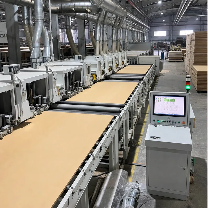 Multi-head sanding line producing furniture-grade MDF surface finish Ra ≤ 1.6μm