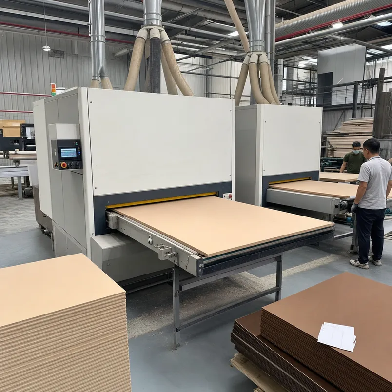 Two-stage wide-belt sanding line producing Ra ≤ 1.6μm furniture-grade MDF surface finish