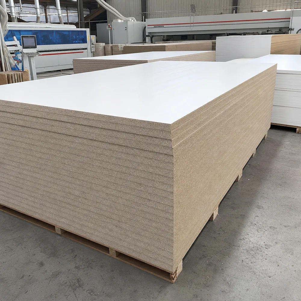 18mm melamine MDF panels stacked at QDPlywood factory, showing consistent surface finish and edge quality