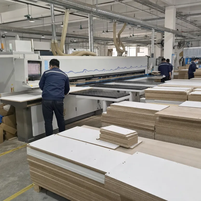 CNC cutting line processing 18mm melamine MDF panels for flat-pack furniture production