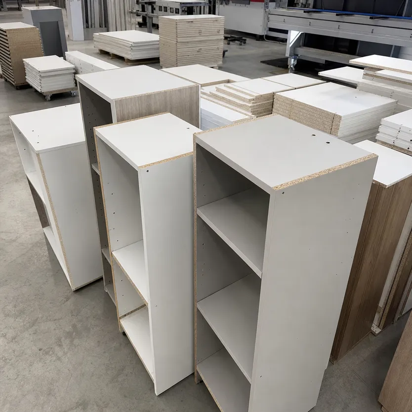 Kitchen cabinet carcass panels cut from 18mm melamine MDF showing sides, tops, and fixed shelves