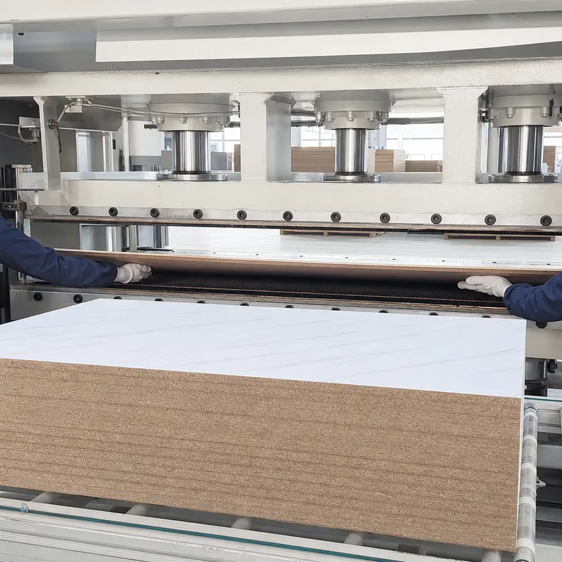 Melamine pressing line showing heat and pressure application to MDF core panels