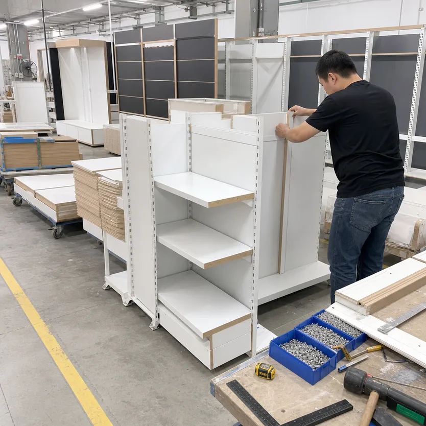 Retail display shelving and gondola units built from 18mm melamine MDF for shopfitting applications