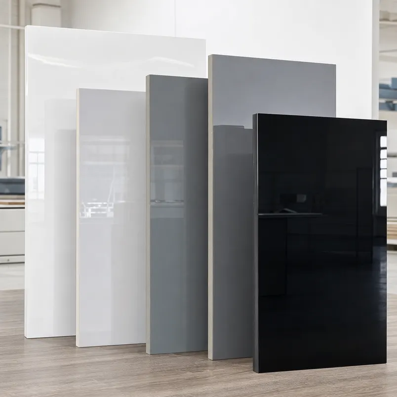 High gloss melamine MDF color and finish options including white, black, and grey tones