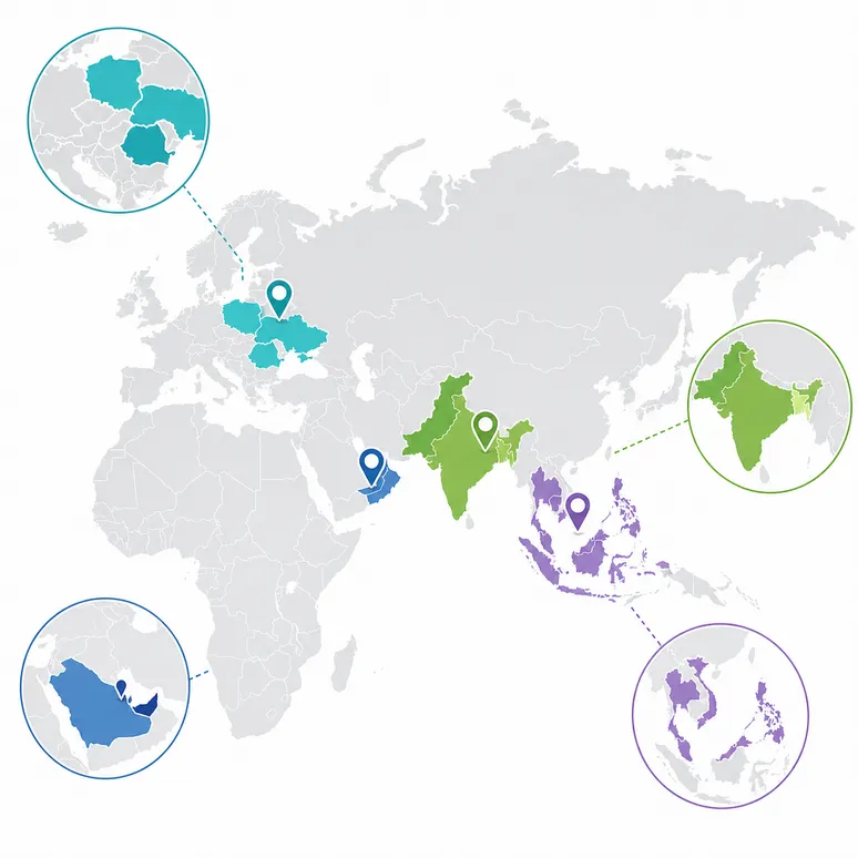 Map showing key export markets for high gloss melamine MDF including Gulf, Southeast Asia, and Eastern Europe