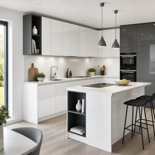 High gloss melamine MDF kitchen cabinet doors in a modern white kitchen