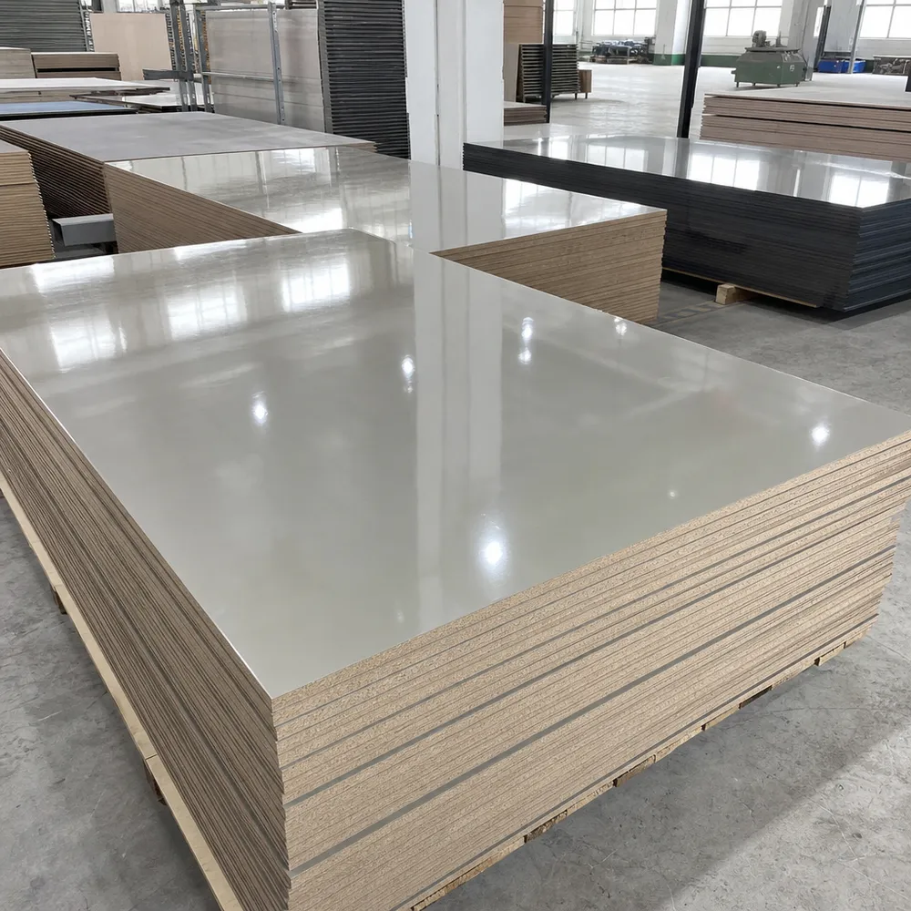 High gloss melamine MDF panels with mirror-finish surface, stacked at QDPlywood.com Xuzhou factory
