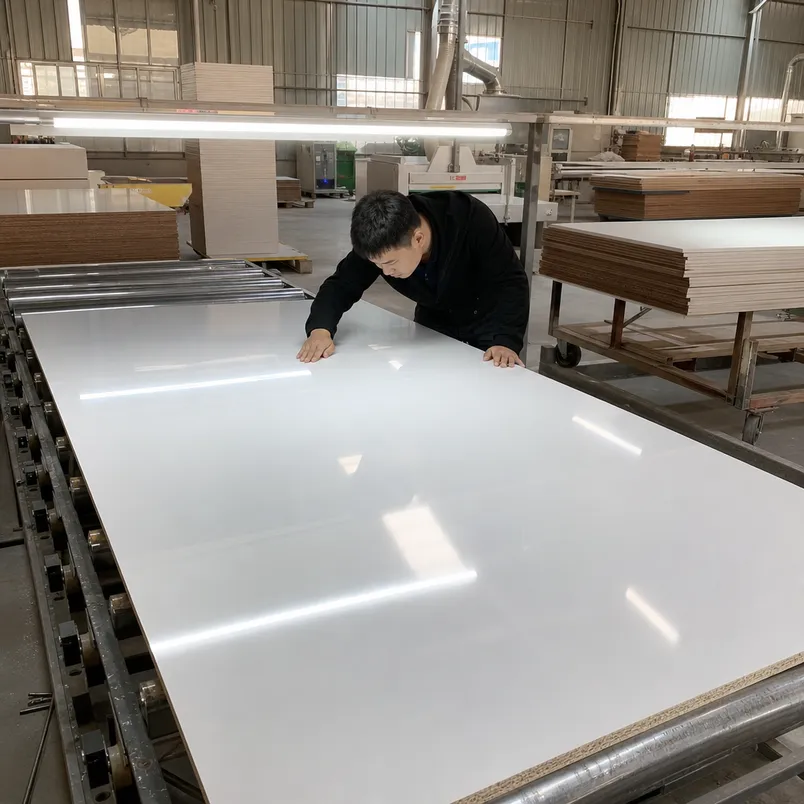 High gloss melamine MDF panel under angled lighting inspection at QDPlywood factory