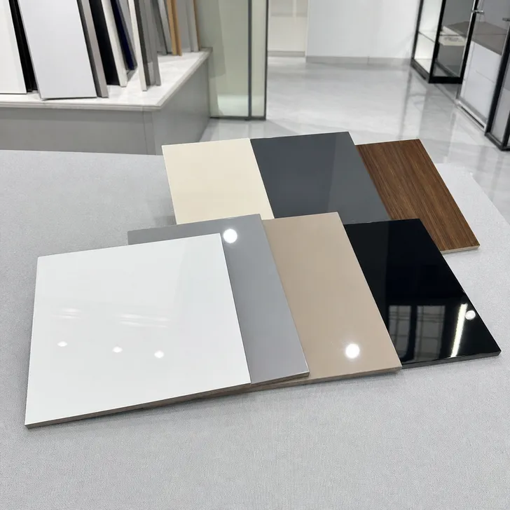High gloss melamine MDF sample panels showing mirror-finish surface quality in multiple colors