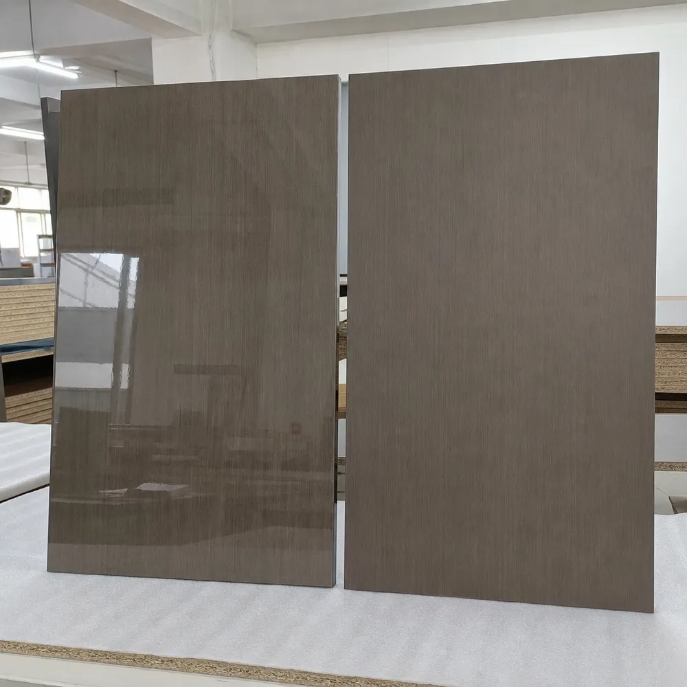 Side-by-side comparison of high gloss melamine MDF surface versus standard matte melamine MDF