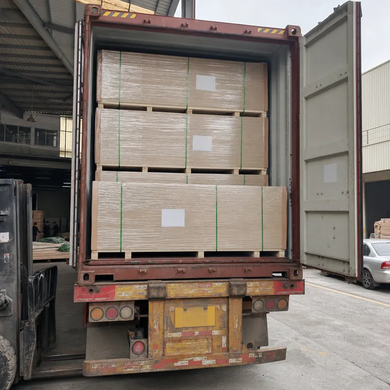 Melamine MDF panels loaded in 40HQ container with export packaging