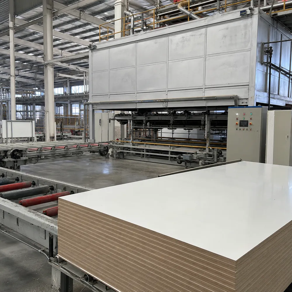 Melamine MDF hot press production line at QDPlywood.com factory in Xuzhou, China