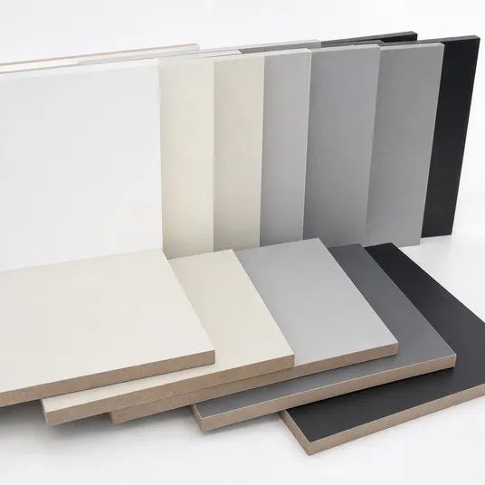 Solid color melamine MDF swatches — white, grey, black, and neutral tones