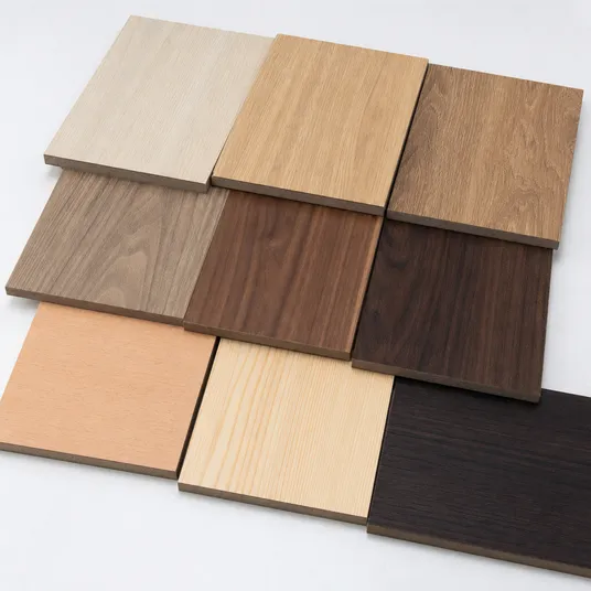Wood grain melamine MDF decor range — oak, walnut, beech, and wenge patterns