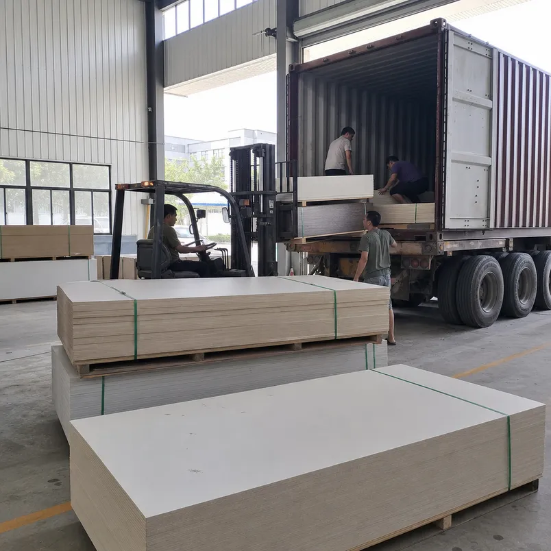Kitchen melamine MDF panels bundled and loaded into export container
