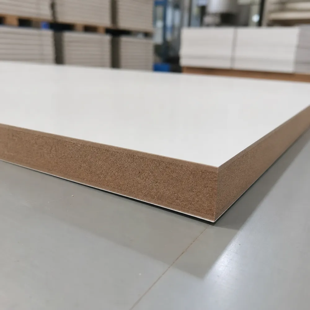Cross-section of kitchen melamine MDF showing MDF core and melamine paper overlay