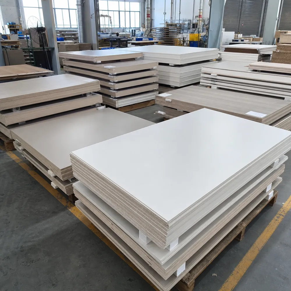 Kitchen melamine MDF panels stacked for cabinet production — factory-direct supply