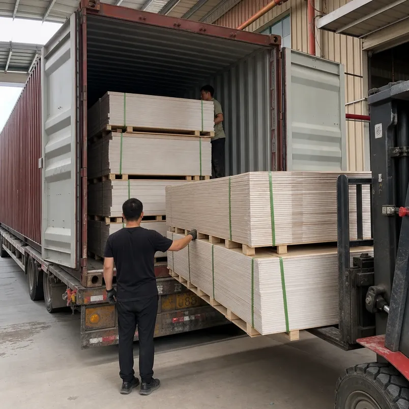 Kitchen melamine MDF panels loaded in export container for overseas furniture manufacturers