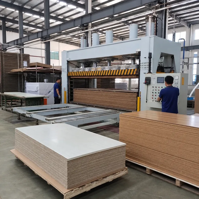 Short-cycle lamination press for kitchen melamine MDF panels at QDPlywood factory