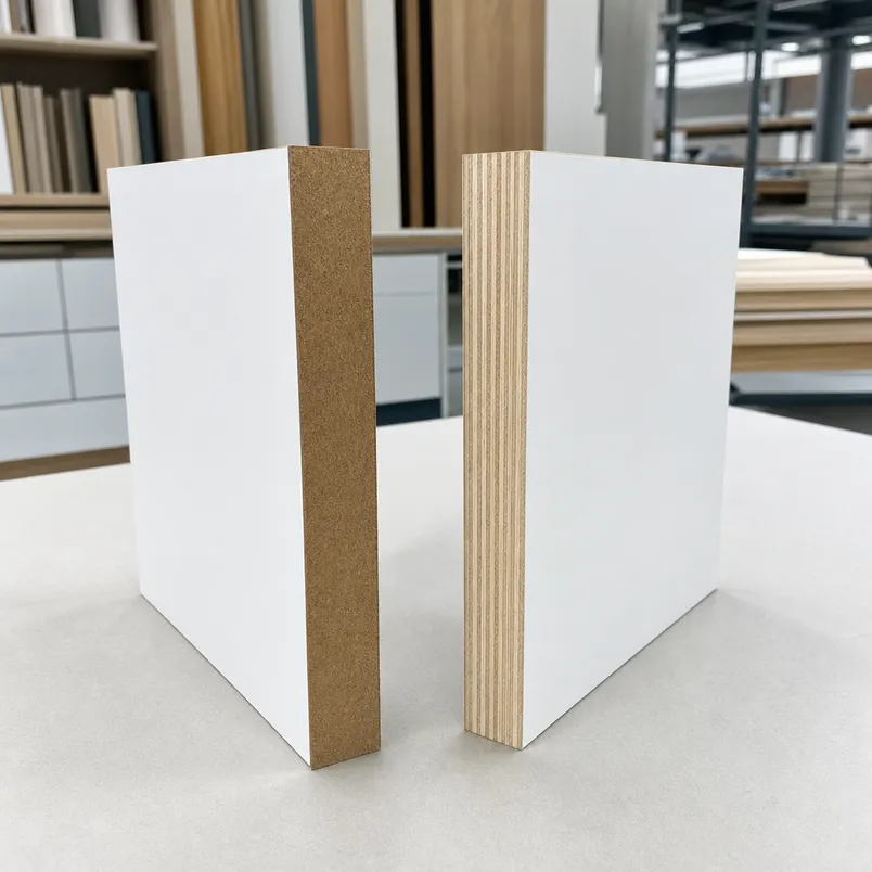 Side-by-side comparison of kitchen melamine MDF and melamine plywood panel cross-sections
