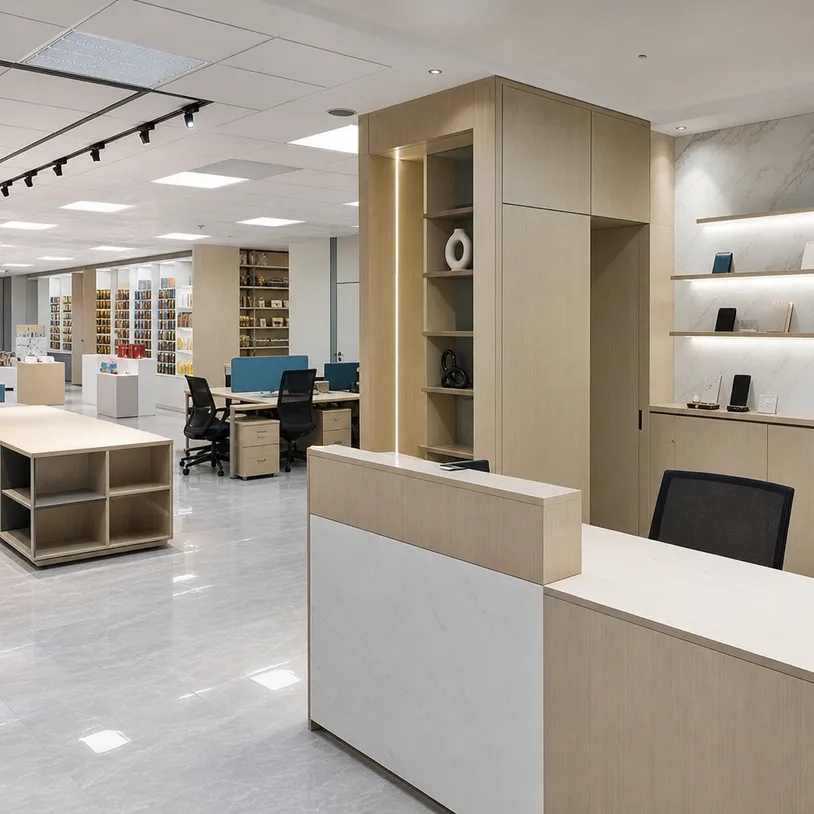 Commercial office fit-out and retail store fixtures using melamine MDF board for wall paneling and built-in cabinetry