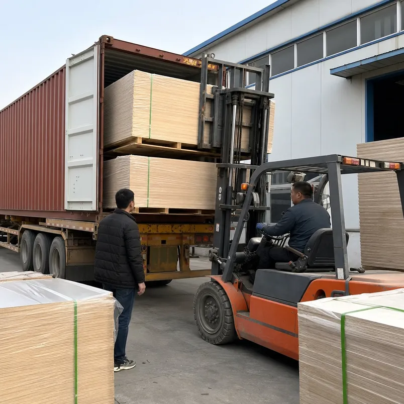 Melamine MDF board panels bundled and loaded into a 40HQ container for export