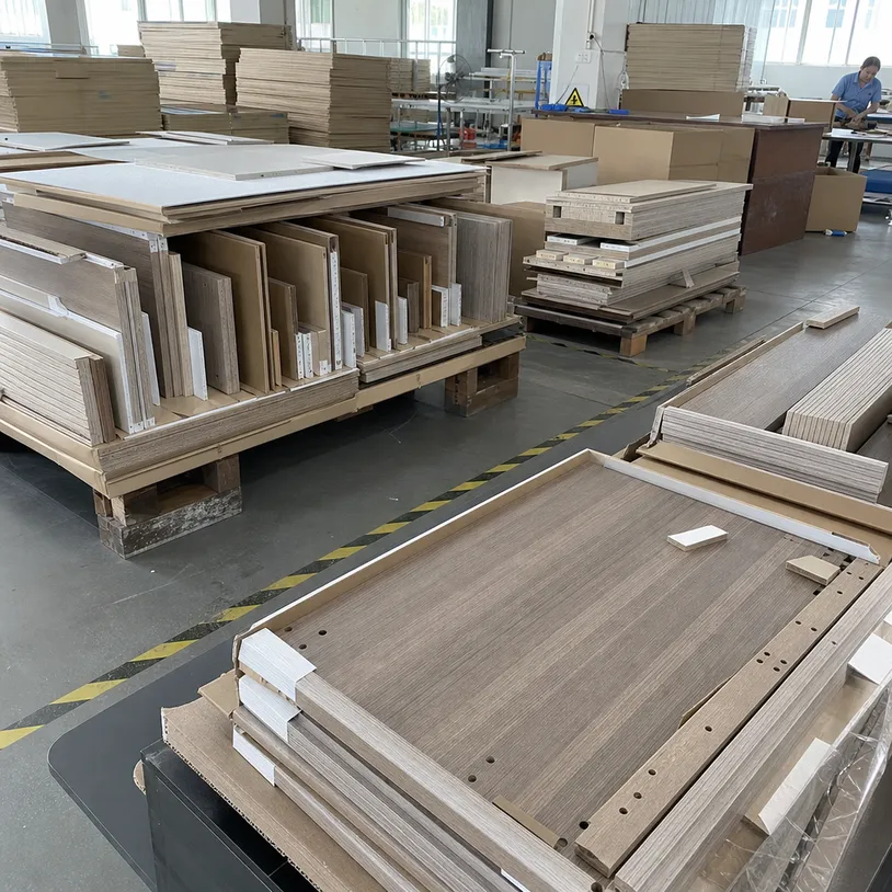 Flat-pack furniture components cut from melamine MDF board with edge banding for e-commerce and DTC furniture brands
