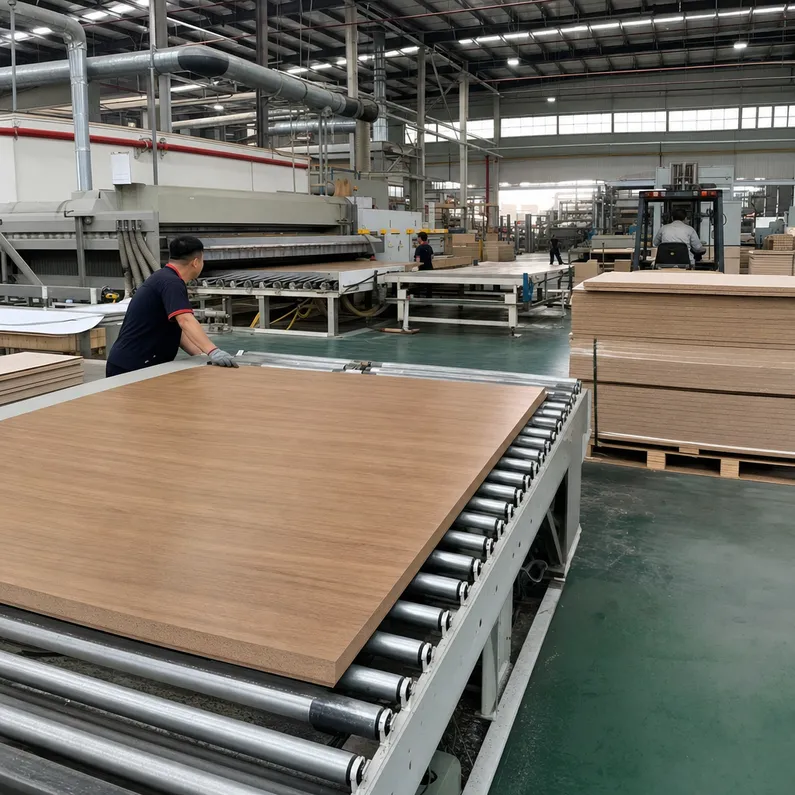 QDPlywood factory production floor showing melamine MDF board manufacturing process