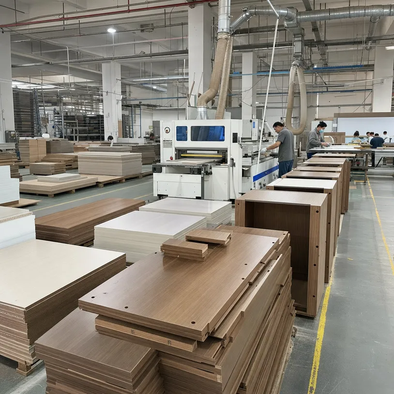 Furniture manufacturer production line using melamine MDF board for cabinet carcasses and wardrobe components