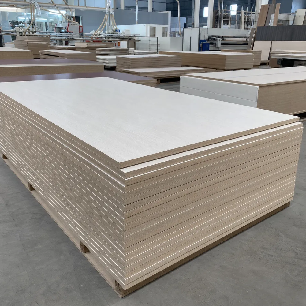 Melamine MDF board panels stacked at factory — consistent surface finish and tight thickness tolerance