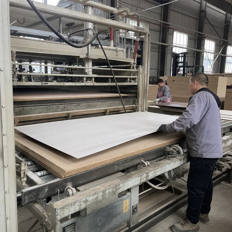 Short-cycle press fusing melamine paper to MDF core during manufacturing — no adhesive film, direct resin bond